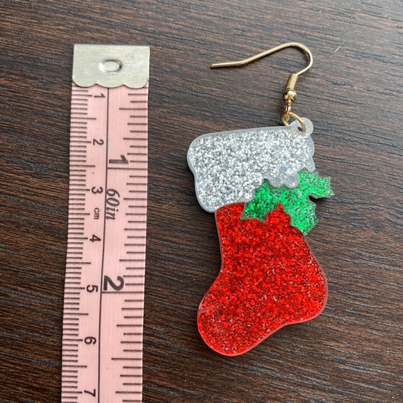 Red and White Glitter Resin Stocking Earrings - Picture 3 of 3